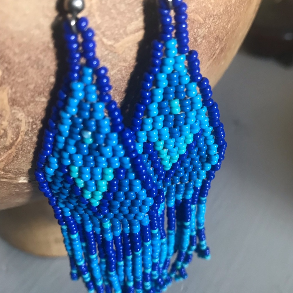 Native-Made Blue Beaded Fringe Earrings